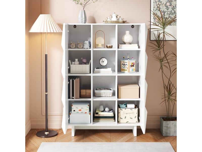  Buffet de rangement 90,5x34x135,5 cm, 4 portes, 12 compartiments, façades en relief, niches ouvertes pour entrée - blanc  - Conforama D