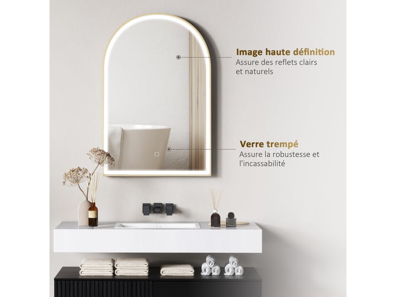  Miroir de salle de bain led 90 x 60cm, mural, 3 couleurs, arqué cadre en aluminium, désembuage et interrupteur tactile  - Conforama R