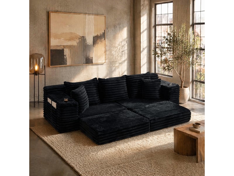  Canapé convertible 4 places en velours côtelé noir 273 x 98 x 87 cm  - Conforama C