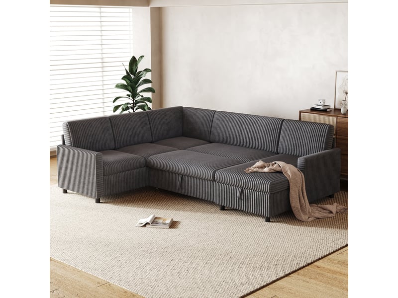 Canapé d'angle convertible en u 5 places en cordonnet gris avec coffre intégré sous méridienne - Conforama W