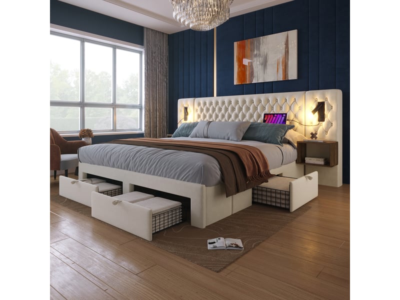 Lit 160 x 200 cm avec deux chevets intégrés, 4 tiroirs, velours beige - Conforama B