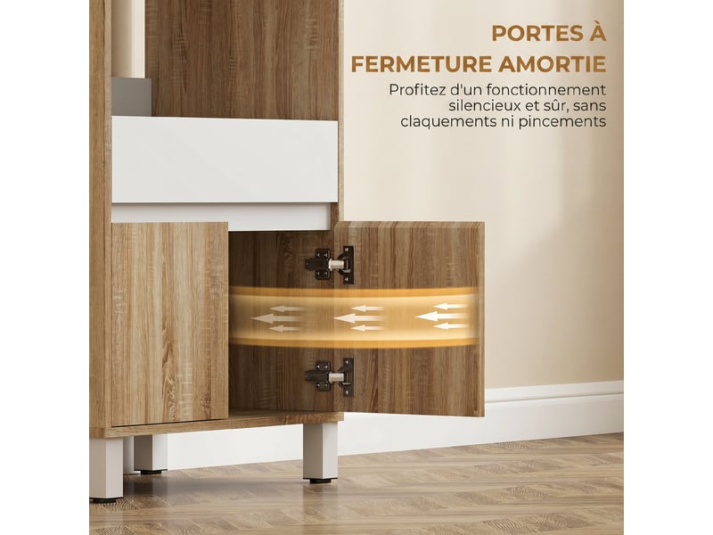 Meuble micro-ondes, buffet cuisine avec tiroir, 2 portes à fermeture douce, chêne, plan de travail et étagères ouvertes - Conforama E