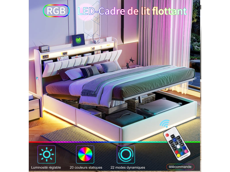 Lit coffre 140x200 cm avec led et usb,lit double rembourré , rangement de tête de lit ,hydraulique, velours, beige - Conforama E
