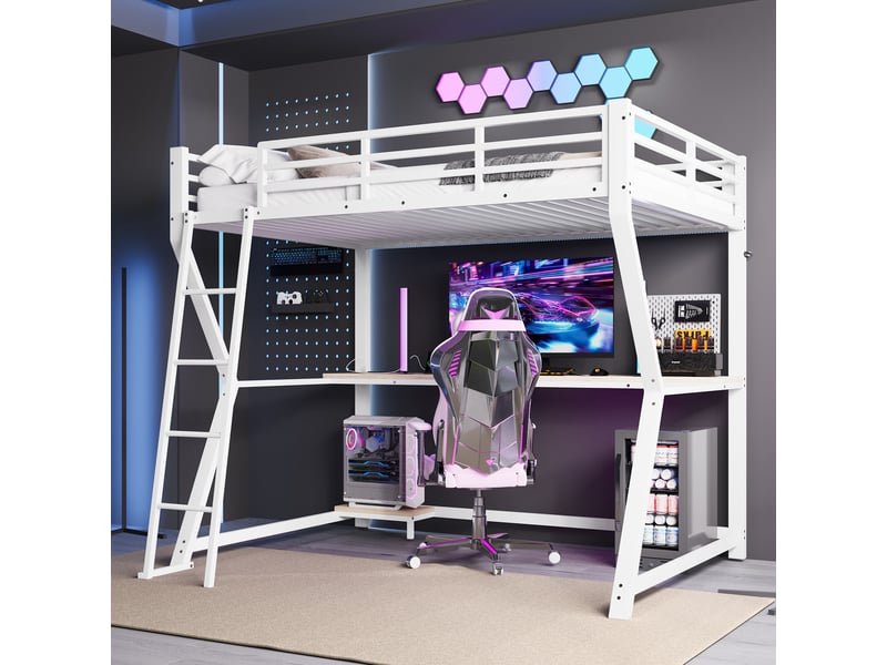  Lit mezzanine simple 90×200 cm avec bureau, prise, usb, led et étagère pc  - sans matelas, métal - blanc  - Conforama B