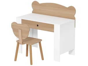 Ensemble bureau enfant 80x41x74,5 cm blanc et bois, avec chaise et tiroir de rangement pour 3 à 8 ans