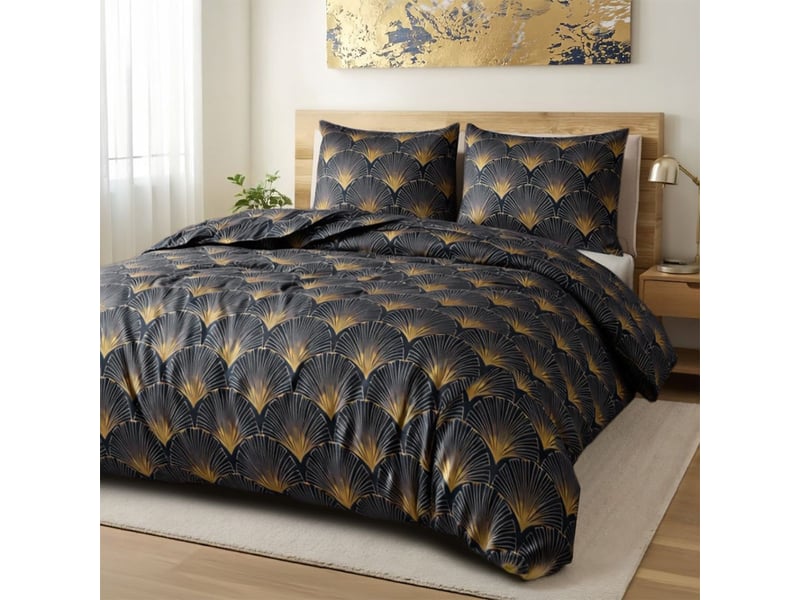  Parure housse de couette 240x220cm + 2 taies motif rétro bleu nuit et jaune 100% microfibre - bariton BARITON - Conforama B