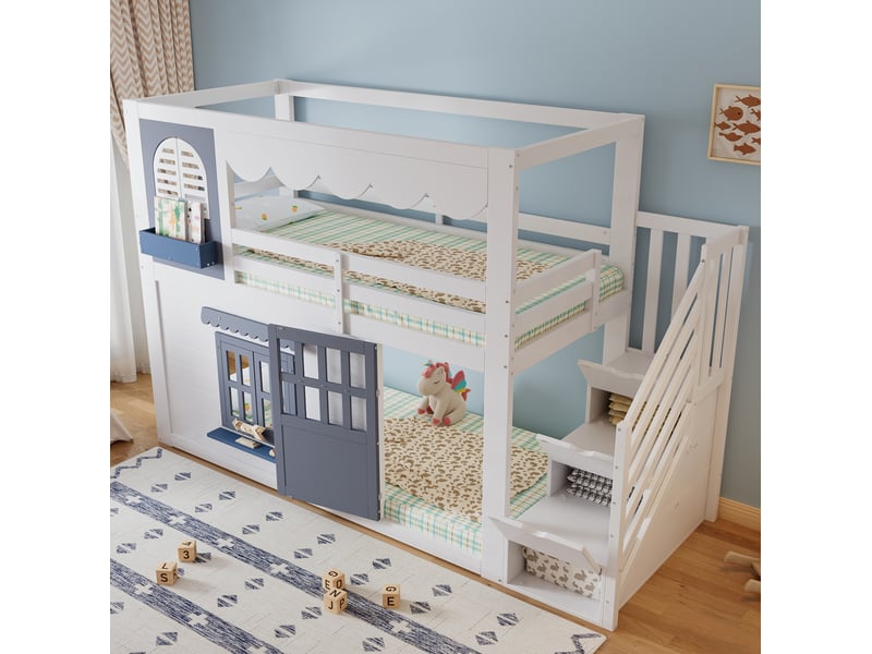  Lit mezzanine enfant modenvie 90 x 200 cm blanc et bleu avec maison, escalier de rangement, porte et fenêtres ouvrantes  - Conforama E