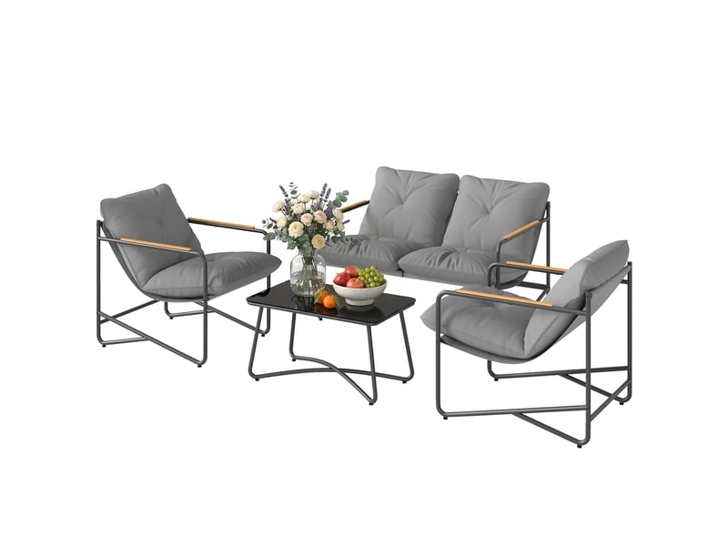  Salon de jardin 4 pcs avec canapé 2 pl. 2 fauteuils et table basse, coussins, gris clair  - Conforama A