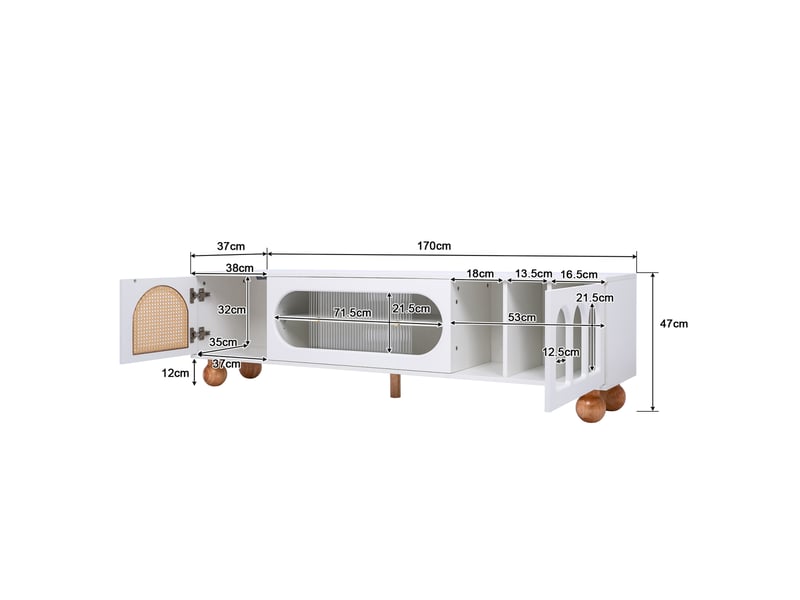  Meuble tv, 170x47x37 cm, bois massif, rotin, verre, portes coulissantes, poignées dorées, portes en arche, design moderne et élégant pour salon  - Conforama C