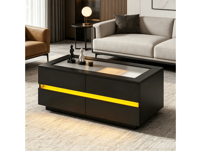  Table basse noire 100 x 50 x 40 cm, avec 4 tiroirs, éclairage led, plateau en verre trempé et finition brillante, panneaux de particules, charge maximale 35 kg  - Conforama B