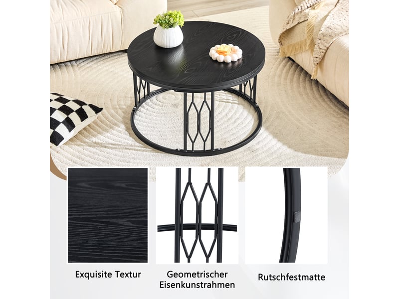 Table basse ronde avec plateau imitation bois - lpospi - piètement géométrique en mdf et métal noir 70 × 40,5 cm - Conforama E