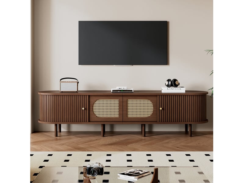  Meuble tv 180 x 40 x 40 cm – chêne foncé – style rotin, rangements fermés et support jusqu'à 80 pouces  - Conforama B