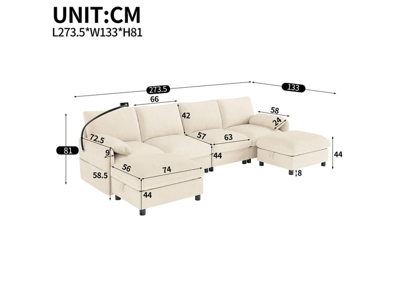  Canapé d'angle modulaire,6 places,avec deux poufs de rangement, port de charge usbtype-c,273,5 x 133 x 81 cm,beige  - Conforama C