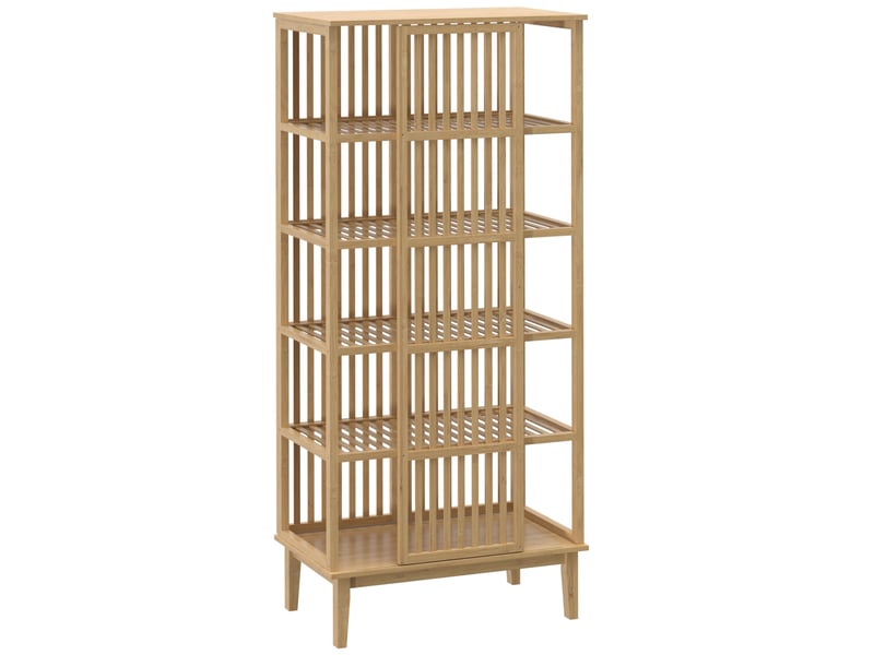  Armoire chambre penderie en bambou 5 niveaux avec porte coulissante, design aéré à lattes, bois naturel  - Conforama B