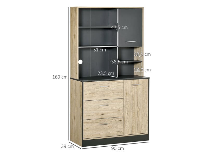  Buffet de cuisine, meuble de cuisine avec un grand espace de rangement, 2 portes, 3 tiroirs, 3 étagères + grand plan de travail, 90 cm l x 39 cm l x  - Conforama E