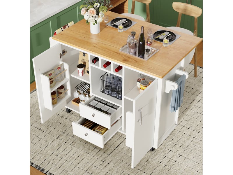  Îlot de cuisine mobile 137,9 x 73 cm avec plateau rabattable et rangements blanc  - Conforama B