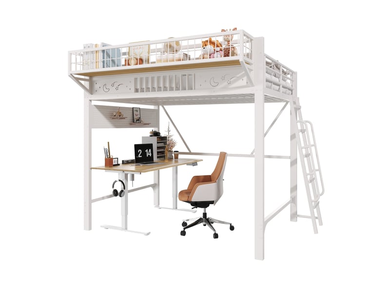  Lit mezzanine 140 × 200 cm 2 places avec rangements et espace ouvert, sans matelas, en métal, blanc  - Conforama A
