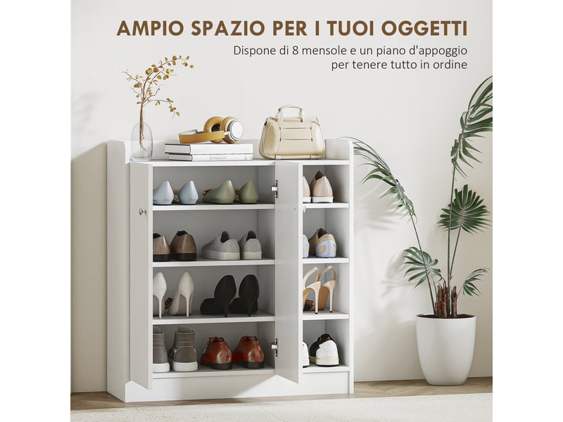  Meuble à chaussures entrée multifonctionnel, 4 étagères ouvertes, 2 portes étagères réglables, 12 paires, gain de place, 83 x 30 x 90 cm, blanc  - Conforama E