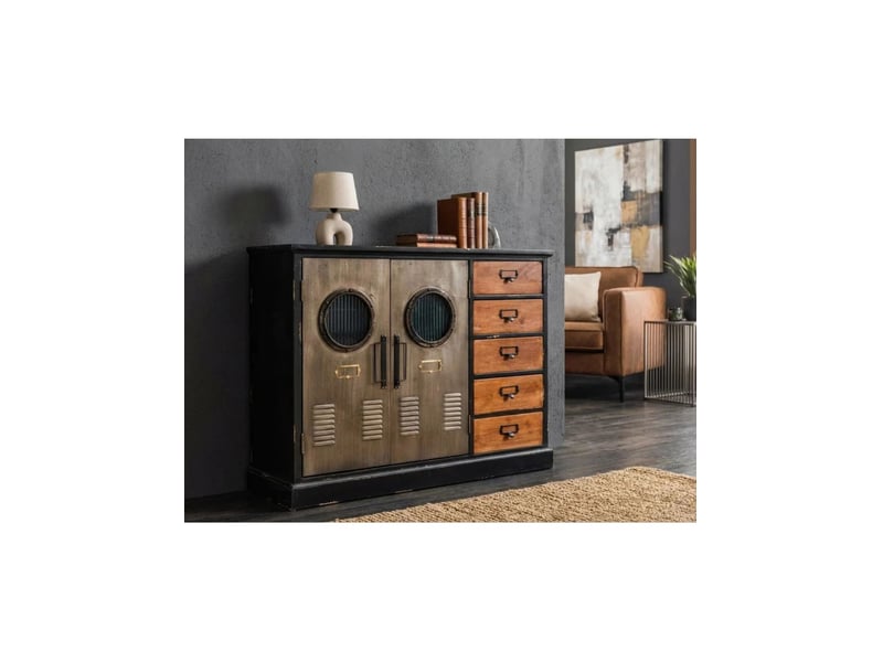  Buffet locker 105 cm – bois de pin, mdf, verre et métal – 2 portes et 5 tiroirs  - Conforama B