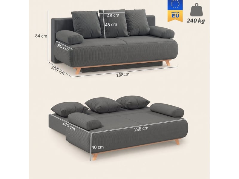  Canapé convertible 3 places avec dossier réglable, coffre de rangement et coussins en velours côtelé gris  - Conforama C