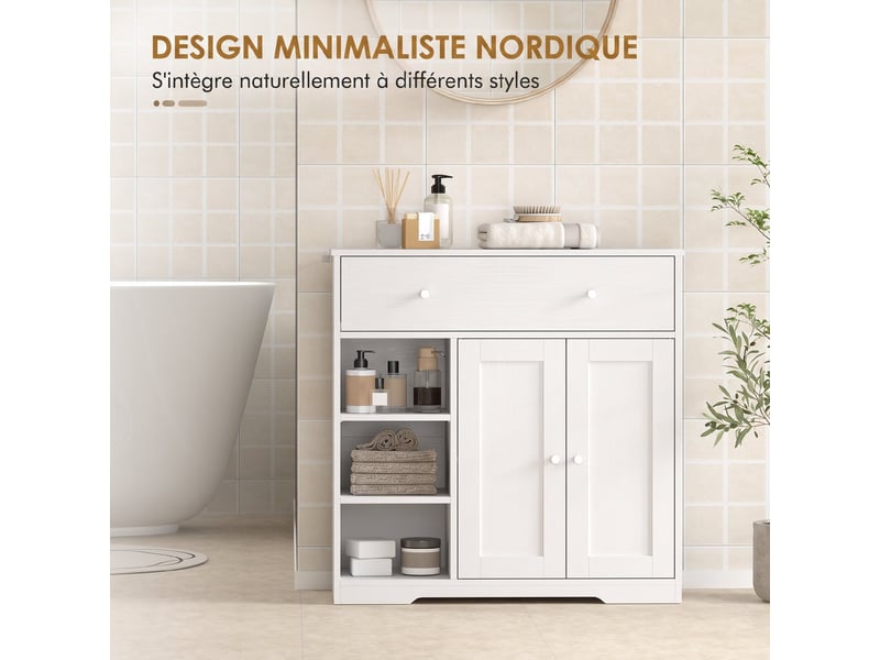 Meuble de salle de bain avec 1 tiroir, 2 portes, 3 compartiments ouverts, style scandinave, 80x30x80,2cm, blanc - Conforama R