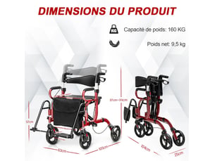 Déambulateur 4 roues pliable léger aluminium, poignée réglable 87-99 cm, rollator adulte, dossier réversible, siège, repose-pieds (rouge)