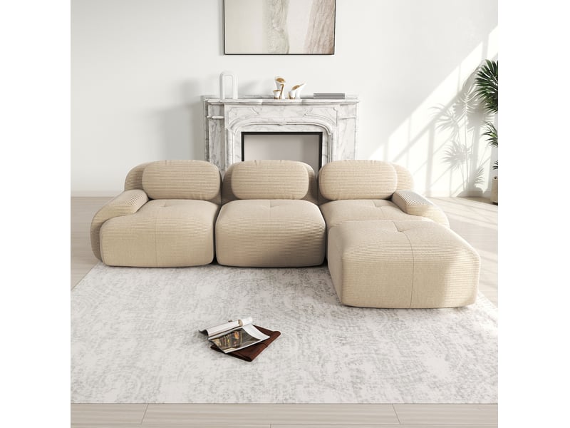  Canapé d'angle modulaire ulevr 3 places sans montage, méridienne, velours côtelé beige, 298 x 178 x 70 cm  - Conforama E