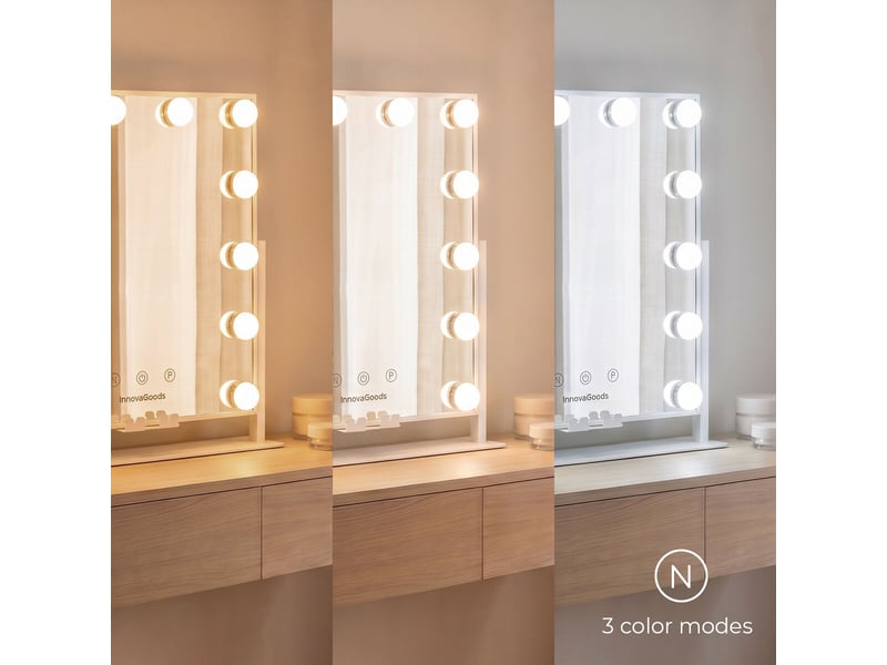  Miroir de coiffeuse hollywood, 12 ampoules led, 3 tons de lumière, intensité réglable, inclinaison 360º innovagoods  - Conforama D
