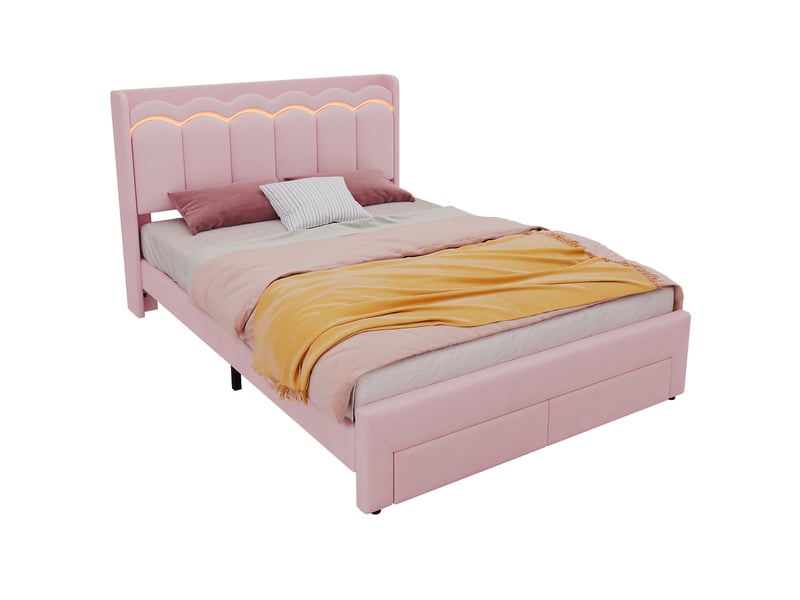 Lit enfant avec rangement 140 x 200 cm, velours rose, tête de lit ondulé et led - Conforama A