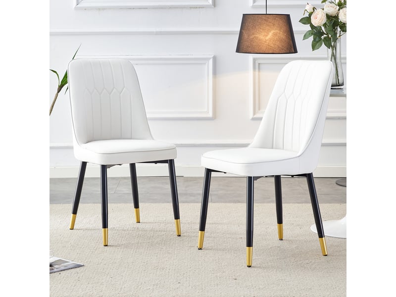  Lot de 2 chaises de salle à manger modernes en similicuir pu blanc, dossier rembourré ergonomique, pieds en métal noir, charge 120 kg  - Conforama B