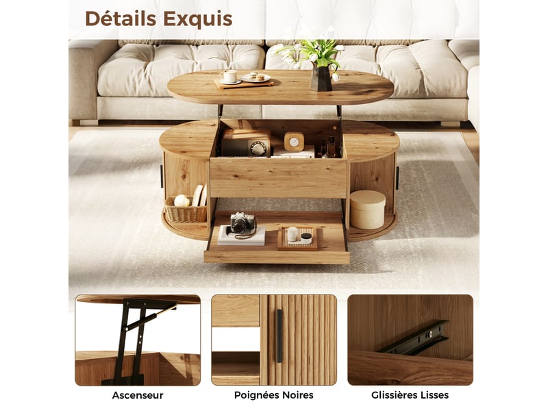 Table basse avec fonction de levage, table de salon avec espace de rangement dissimulé, console moderne avec structure rainurée, portes latérales coulissantes et espace de rangement pratique, table basse multifonctionnelle - Conforama E