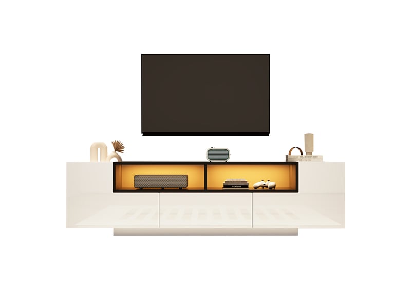  Meuble tv avec 2 placards en l, tiroir et led pour salon 180×40×48 cm en panneaux de particules blanc  - Conforama A