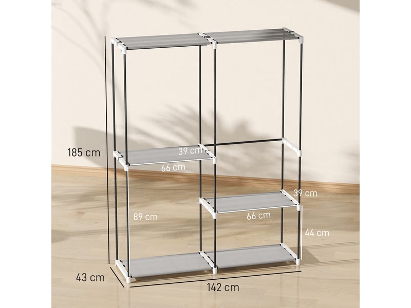  Armoire ouverte avec 4 étagères en tissu, 3 tringles à vêtements, structure métallique, 142 x 43 x 185 cm, gris clair  - Conforama E