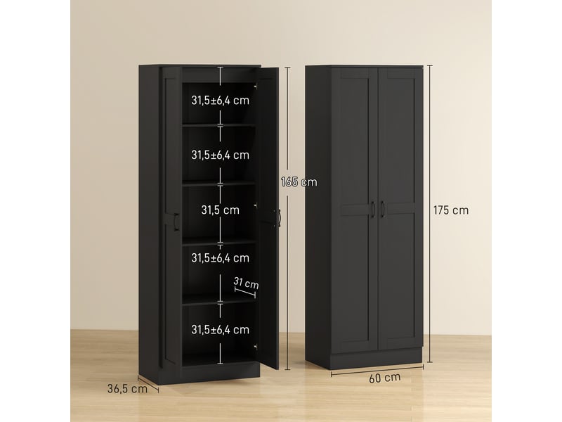  Armoire 2 portes meuble de rangement avec 5 étagères, style contemporain, 60l x 36,5l x 175h noir  - Conforama E