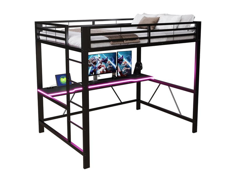  Lit mezzanine gaming 140x200 cm noir, avec bureau, led, usb, rangements, structure métal, sommier inclus, sans matelas  - Conforama A