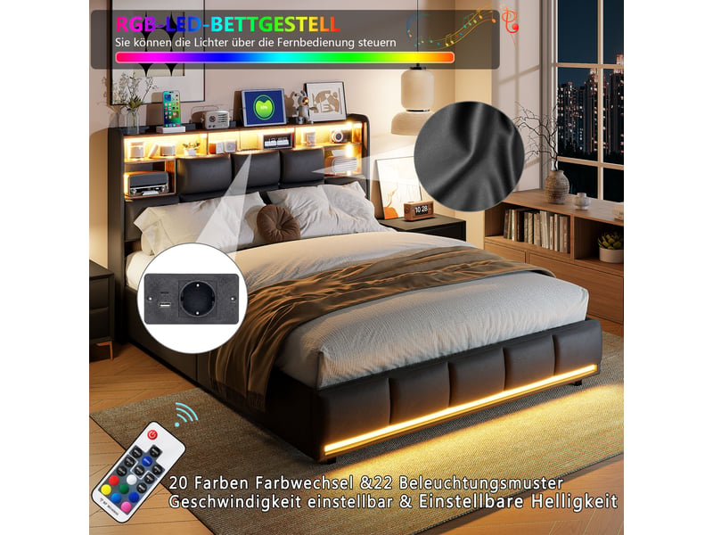  Lit 140 x 190 avec sommier, rangement tête de lit et hydraulique, led tête et pied de lit, ports usb et type-c, revêtement pu noir  - Conforama E