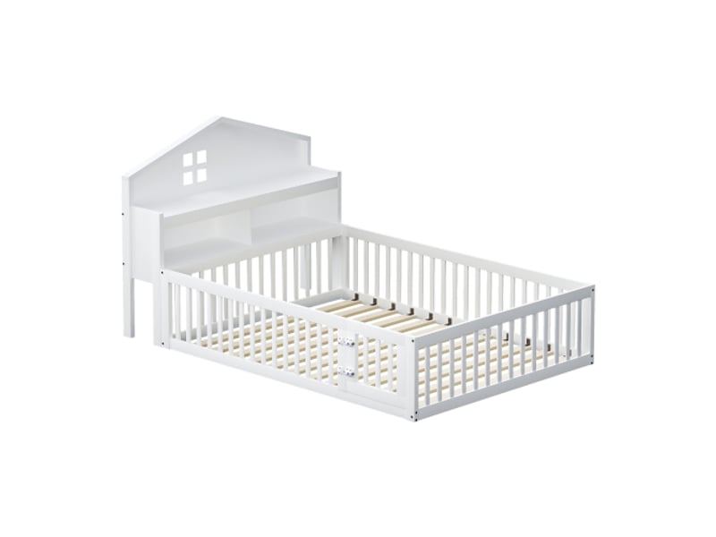  Lit enfant 140x200 cm, tête de lit de rangement et barrière de protection, avec lattes, en bois, blanc, sans matelas  - Conforama E