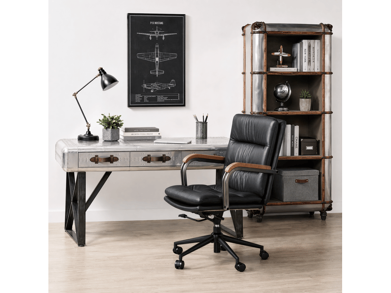  Fauteuil de bureau noir en cuir et métal, accoudoirs en chêne, hauteur réglable et pivotant à 360°  - Conforama B