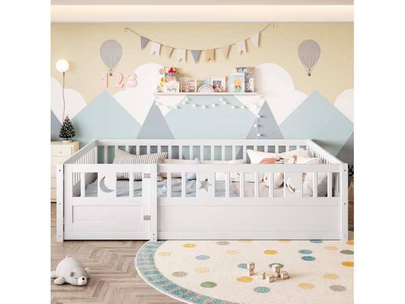 Lit enfant à barrières 140 x 190 cm blanc en bois de pin et contreplaqué - Conforama B