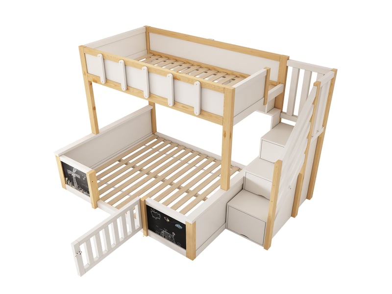  Lit superposé 90x200 et 140x200 cm, rangement, blanc et bois naturel  - Conforama A