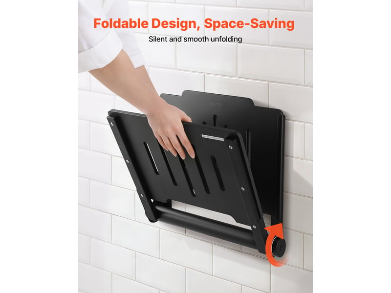  Vevor siege de douche rabattable mural, tabouret de salle de bains avec dossier, plastique et cadre en acier inox, chaise de douche antiderapante pour personnes âgees handicapees, charge 180 kg, noire  - Conforama E