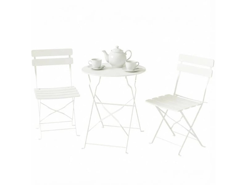  Salon de jardin pliant 3 pièces en métal beige, table ronde et 2 chaises  - Conforama A