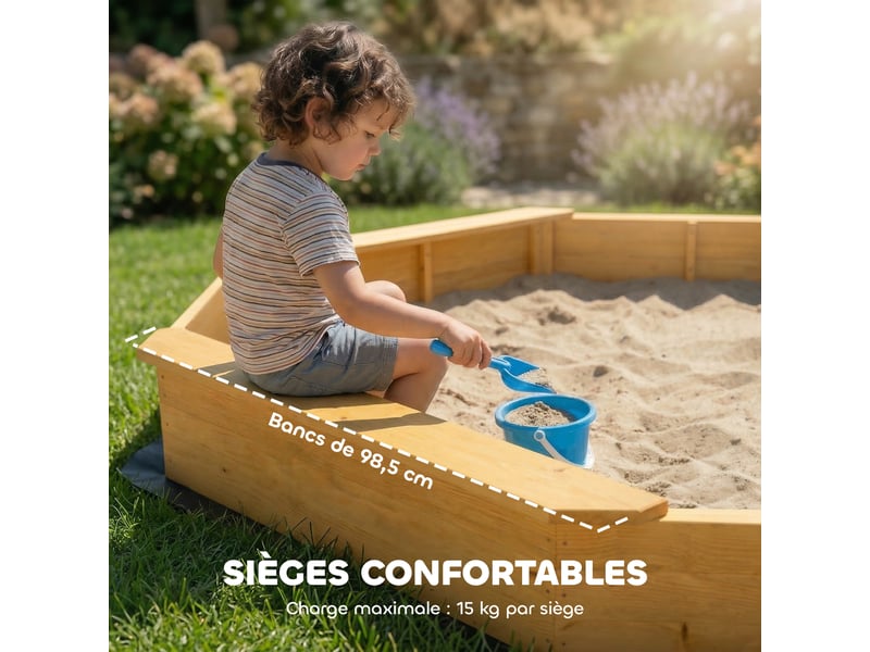  Bac à sable en bois avec auvent, bac à sable enfant extérieur avec 4 bancs, doublure de fond, jaune  - Conforama R