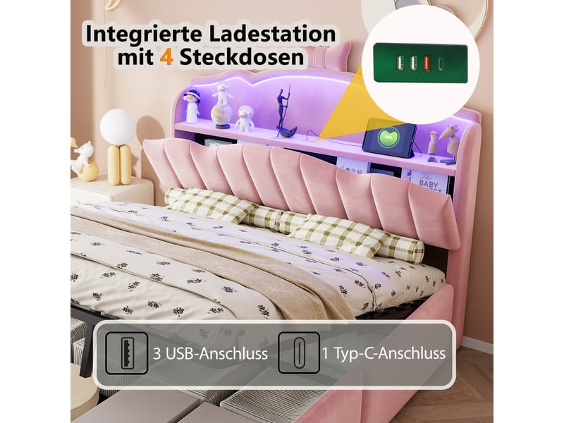  Lit coffre 2 places 140x200 cm - lit avec rangement hydraulique, tête de lit led, usb et usb-c - velours - rose  - Conforama D