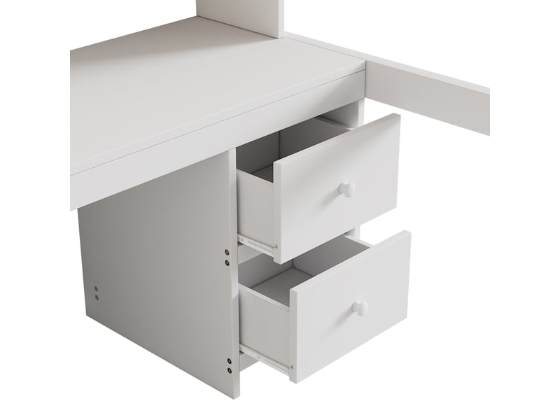  Lit mezzanine 90 × 200 cm, grand bureau, 4 tiroirs de bureau, étagères et échelle, structure en pin et mdf, blanc  - Conforama E