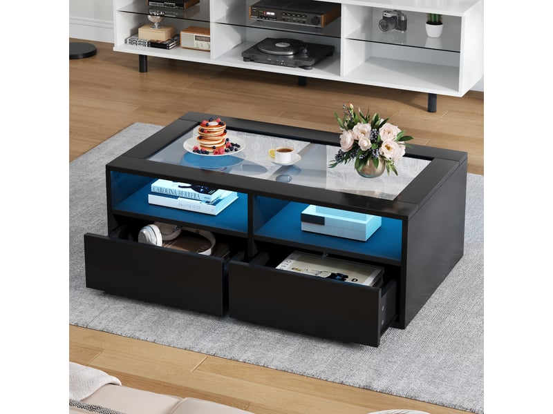 Table basse rectangulaire noir avec 2 tiroirs - 50x100 cm led panneau de particules table basse noir - Conforama E