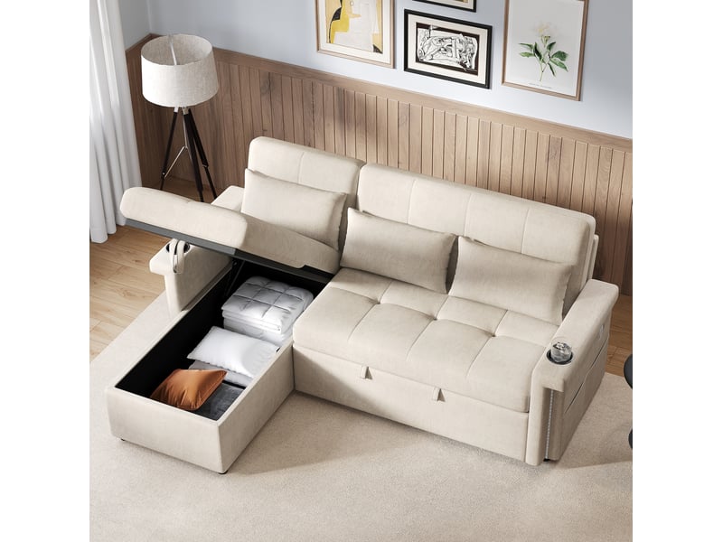  Canapé d'angle convertible avec fonction couchage, led, usb, coffre de rangement, en chenille beige  - Conforama D
