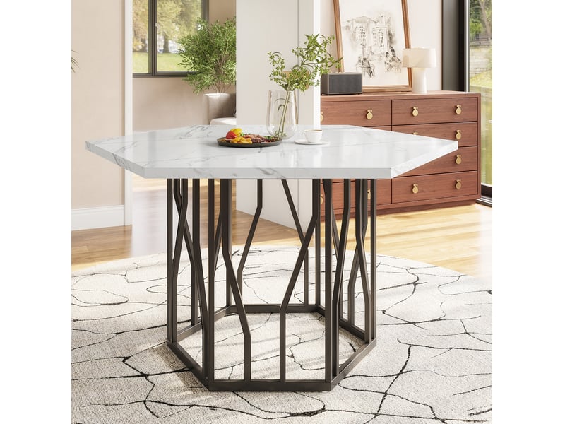  Table à manger hexagonale 115,5 x 100 cm en mdf effet marbre, noir et blanc  - Conforama B