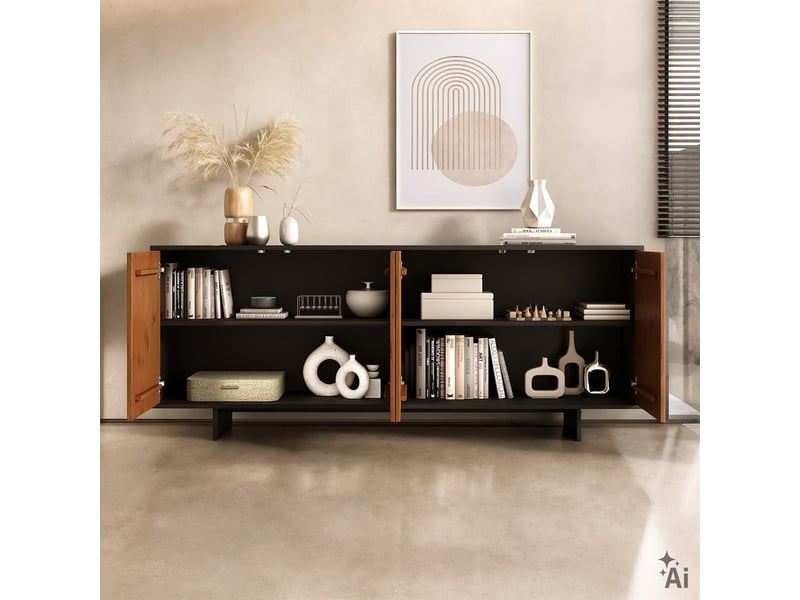  Buffet arto l 180 cm 4 portes en bois massif - noir et châtaignier  - Conforama D