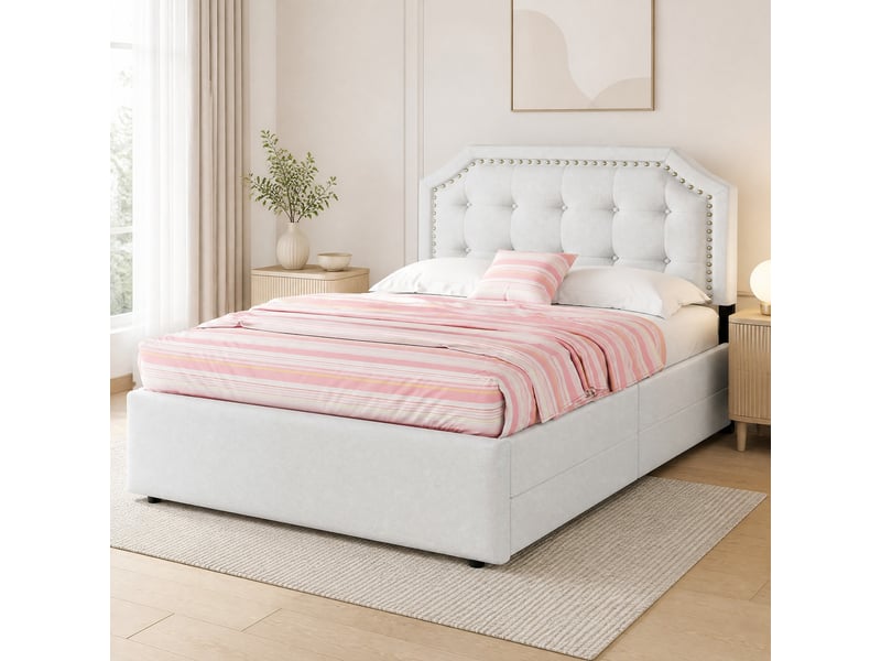  Lit simple rembourré 90x200 cm avec 2 tiroirs, beige clair  - Conforama B